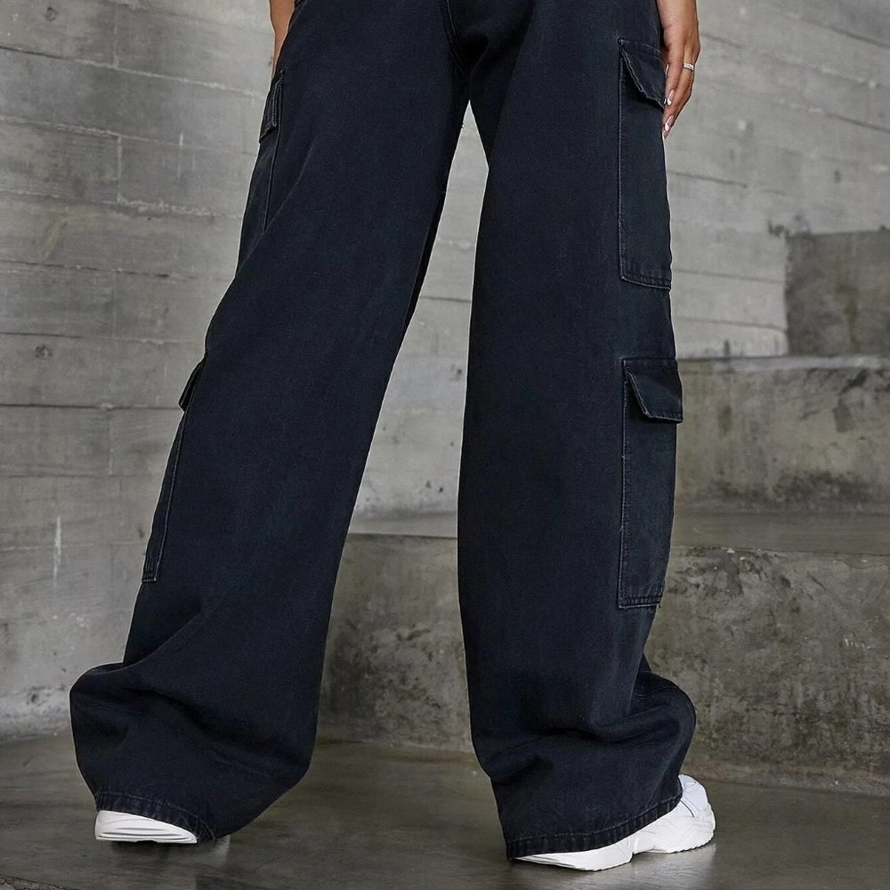 Black Casual Womens Zipper Fly Flap Pocket Boyfriend Jeans - Picture 3 of 5